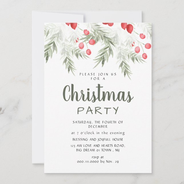 Invitation Élégant décor de Noël aquarelle de verdure pour fê (Devant)