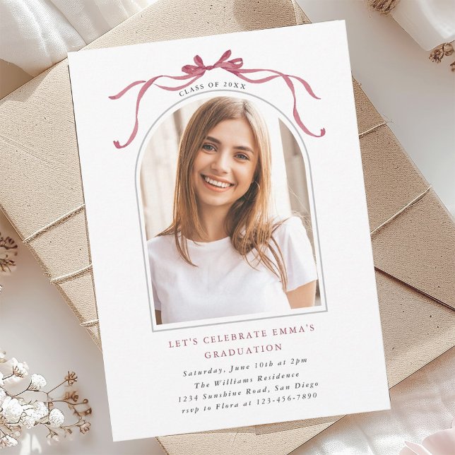 Invitation Elegant Deep Blush Bow Graduation Party Arch Photo (Créateur téléchargé)