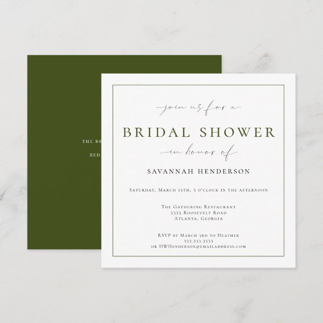 Invitation Elegant Deep Green Bridal Shower Classic (Devant / Derrière)