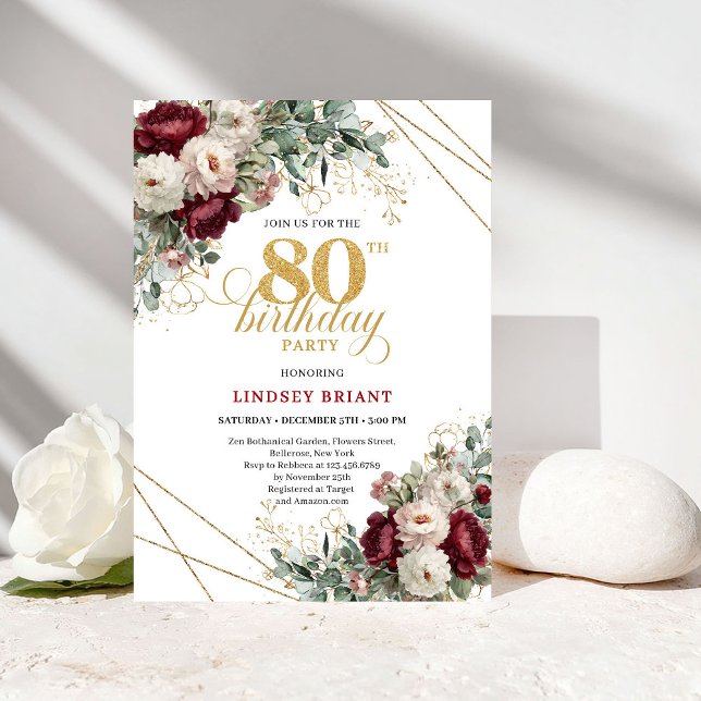 Invitation Elegant Deep Red Burgundy 80th Birthday (Elegant Deep Red Burgundy 80th Birthday)