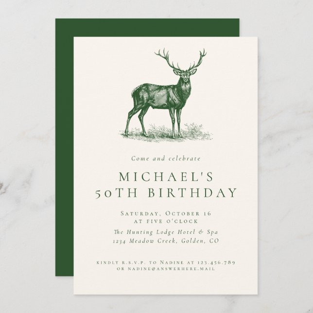 Invitation Elégant Deer Hunting Green Adulte fête d'anniversa (Devant / Derrière)