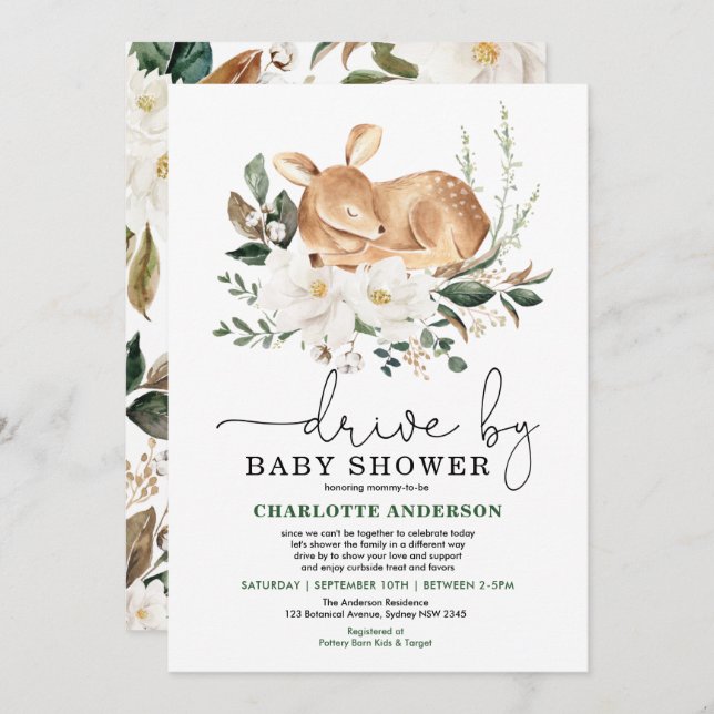 Invitation Elégant Deer Ivory Floral Drive Par Baby shower (Devant / Derrière)