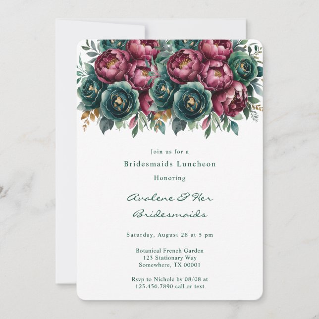 Invitation Élégant Déjeuner de Bridesmaids Emerald Peony de B (Devant)