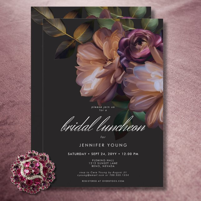 Invitation Élégant déjeuner de nuptiale floral Moody Black (Elegant Black Moody Floral Bridal Luncheon Invitation)