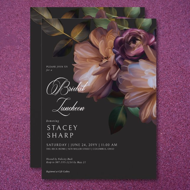 Invitation Élégant déjeuner de nuptiale floral Moody Black (Elegant Black Moody Floral Bridal Luncheon Invitation)