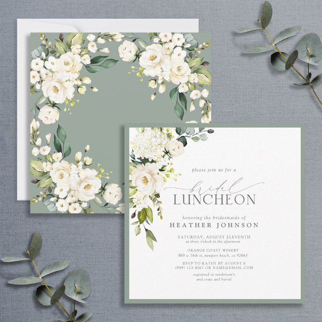 Invitation Élégant déjeuner nuptial floral blanc gris vert (Créateur téléchargé)
