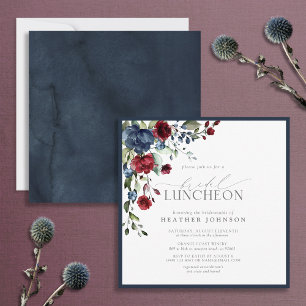 Invitation Élégant déjeuner nuptial Floral Navy Bleu Bourgogn