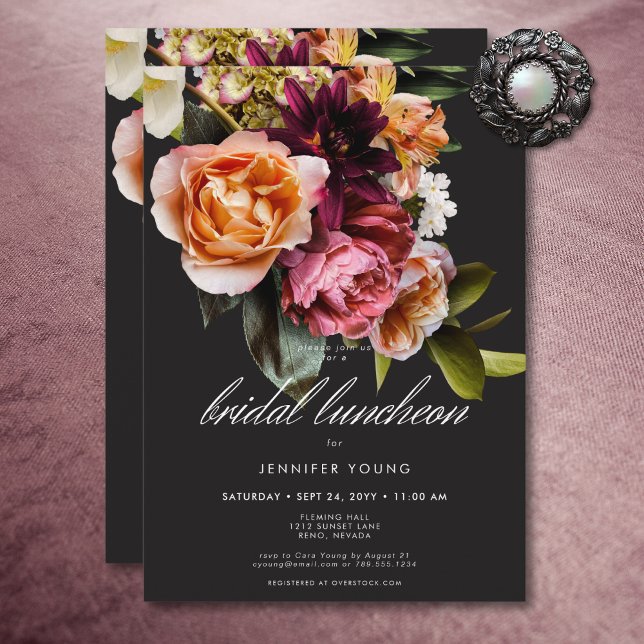 Invitation Élégant Déjeuner nuptial Moody Bourgogne et rose F (Elegant Moody Burgundy & Pink Floral Bridal Lunch Invitation)