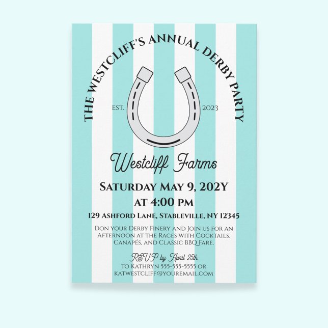 Invitation Élégant Derby Party Blue Cabana Stripe Horseshoe (Duck Egg Blue Cabana Stripes Horseshoe Derby Horse Racing Party Invitation)
