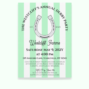 Invitation Élégant Derby Party Mint Cabana Stripe Horseshoe
