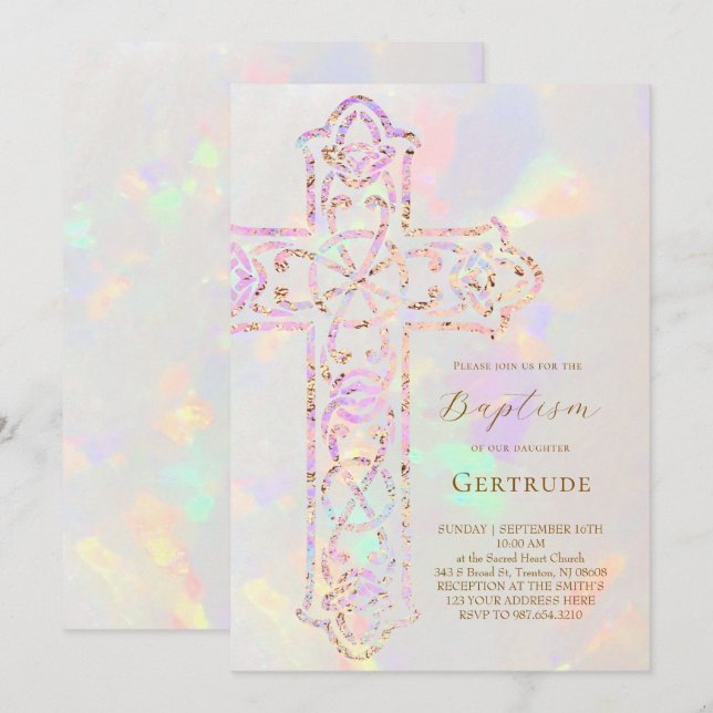 Invitation élégant design croix en opale Baptême (Devant / Derrière)