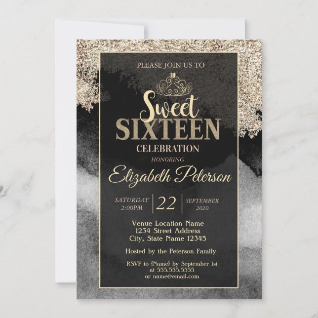 Invitation Elégant Design Gold Tiara, Frame Sweet 16 Party (Devant)
