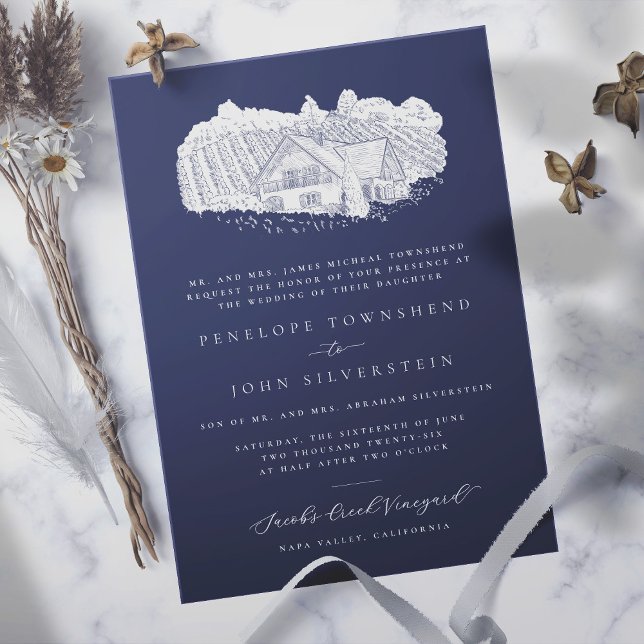 Invitation Élégant dessin de vignoble Marine bleu Mariage off (navy blue formal wedding invitation with an illustration of a vineyard)