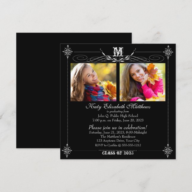 Invitation Élégant Deux Monogrammes Photo Graduation (Devant / Derrière)