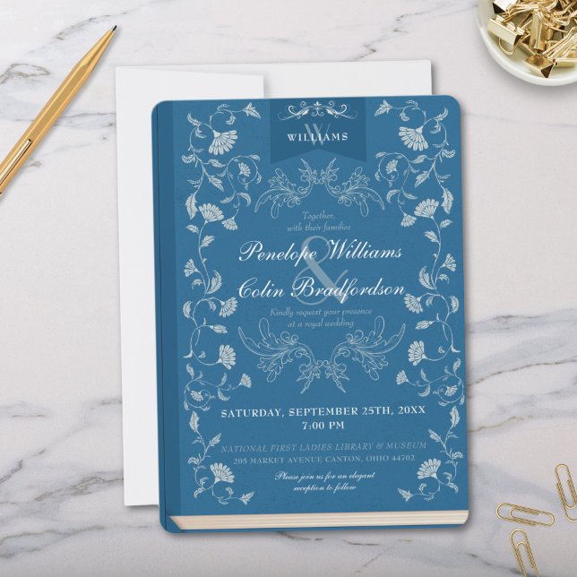 Invitation Élégant deux tons bleu floral Mariage de couvertur (Elegant Teal Blue Library Book Cover Wedding Invitation with Monogram and Formal Calligraphy Script)