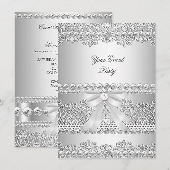 Invitation Élégant Diamant Argent Broderie Blanche Soirée (Devant / Derrière)