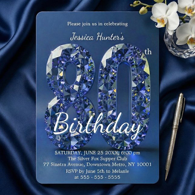 Invitation Élégant Diamant Bleu Gemme Glam 80e Anniversaire (Créateur téléchargé)