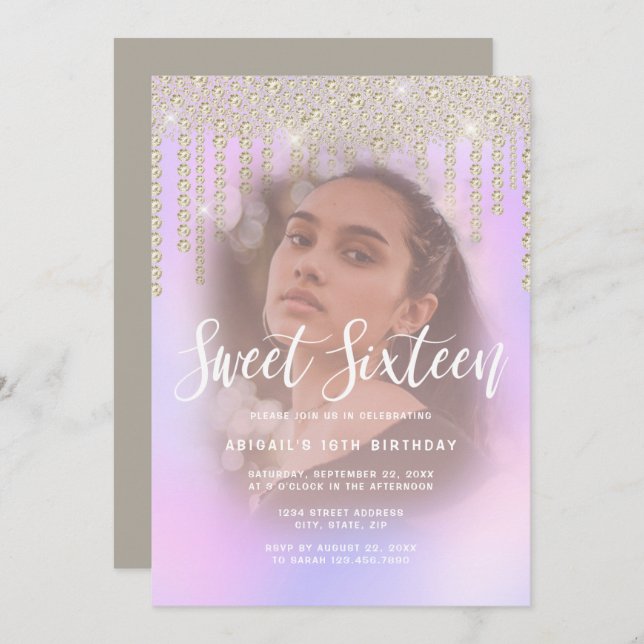 Invitation Élégant diamant d'or gouttes de sweet sixteen viol (Devant / Derrière)