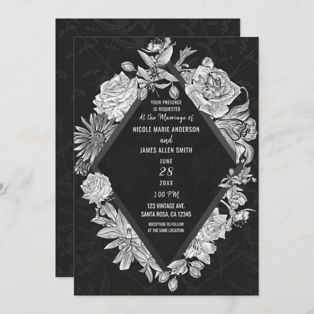 Invitation Élégant Diamant noir Vintage Fleurs Mariage (Devant / Derrière)