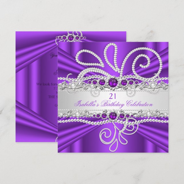 Invitation Élégant Diamants Argent Perle Violet Anniversaire  (Devant / Derrière)