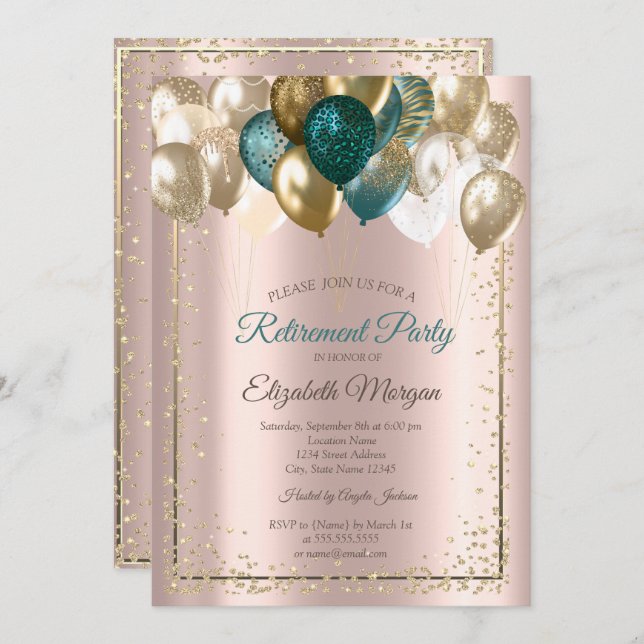 Invitation Élégant Diamants Ballons Rose Gold Retraite (Devant / Derrière)