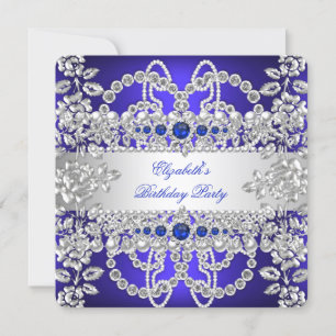 Invitation Élégant Diamants Bleu Royal Argent Floral Annivers