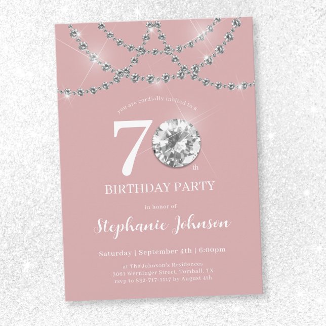 Invitation Elégant Diamants Blush Pink 70e anniversaire (Elegant Diamonds Blush Pink 70th Birthday Invitation)