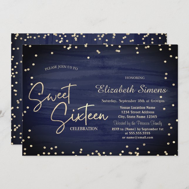 Invitation Elégant Diamants Marine Bleu Gold Script Sweet 16 (Devant / Derrière)
