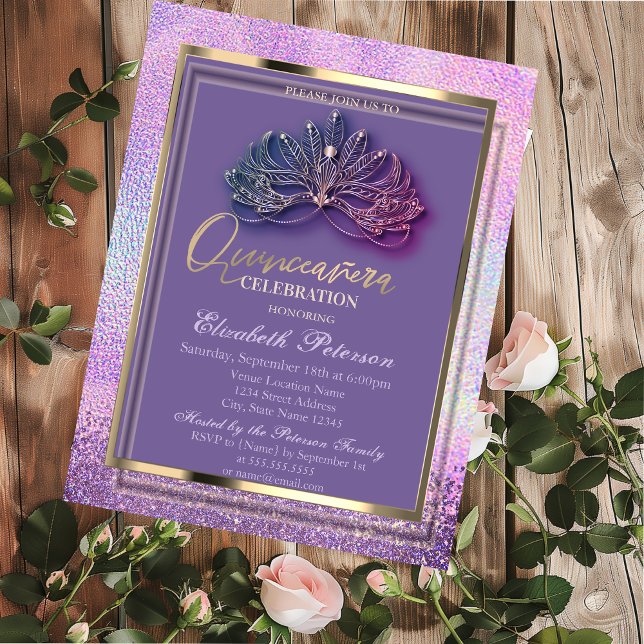 Invitation Elégant Diamants Masques Holographique Quinceañera (Créateur téléchargé)