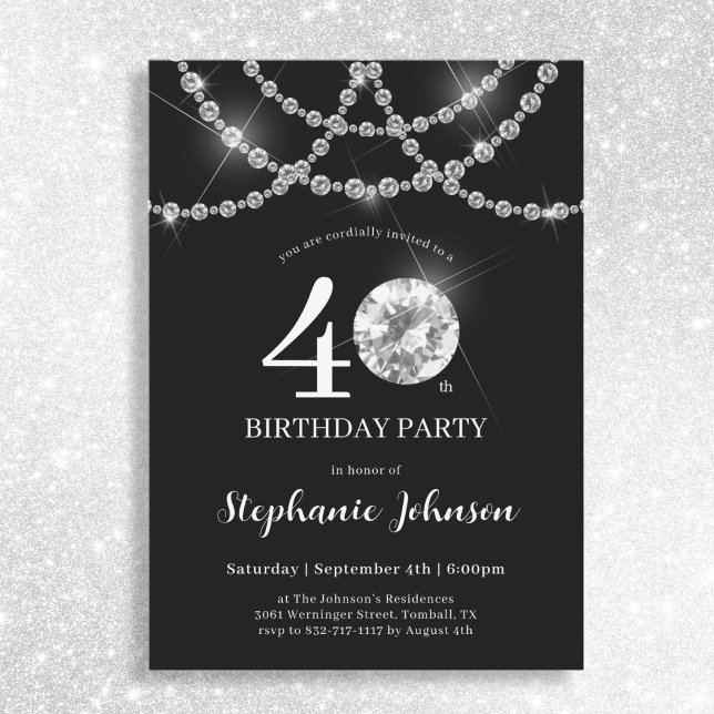 Invitation Elégant Diamants Noir 40ème anniversaire fête (Mockup View)
