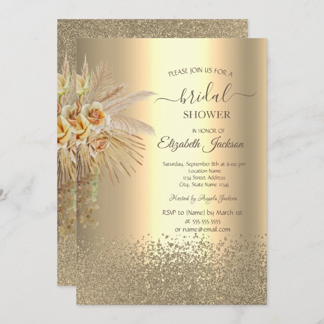 Invitation Elégant Diamants Or Boho Fête des mariées Fleurs (Devant / Derrière)