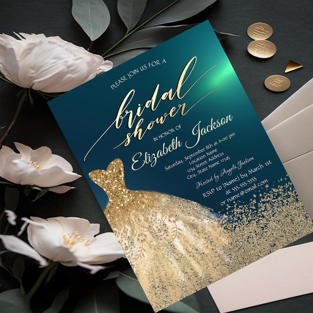 Invitation Élégant Diamants Or Robe Vert Shower de Mariée  (Créateur téléchargé)