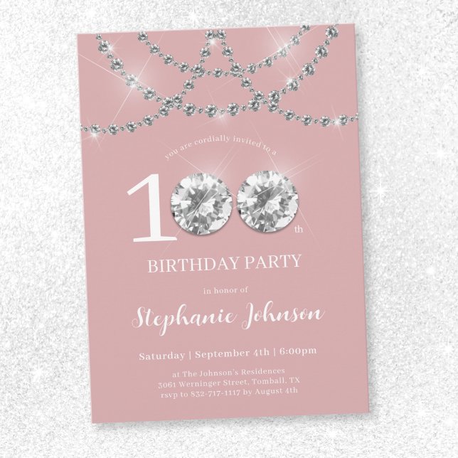 Invitation Elégant Diamants Rose Bleu 100e anniversaire (Elegant Diamonds Blush Pink 100th Birthday Invitation)