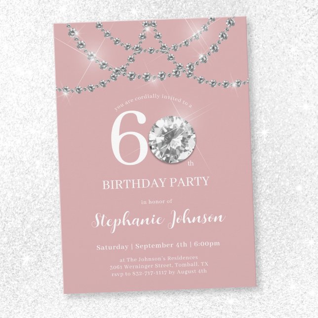 Invitation Elégant Diamants Rose Bleu 60e anniversaire (Elegant Diamonds Blush Pink 60th Birthday Invitation)