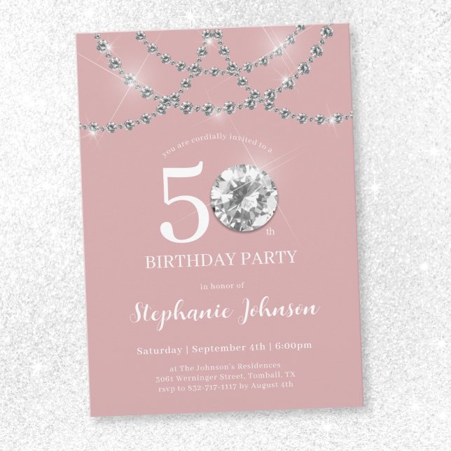 Invitation Elégant Diamants rose pâle 50e anniversaire (Elegant Diamonds Blush Pink 50th Birthday Invitation)
