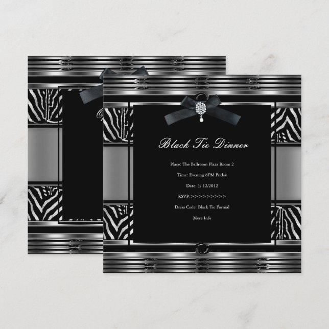 Invitation Elégant dîner Cravate noire Zebra Silver noir (Devant / Derrière)