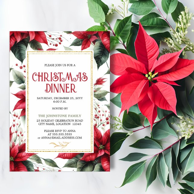 Invitation Élégant dîner de Noël Rouge Poinsettia (Elegant red poinsettia Christmas Holiday dinner party invitation front view.)