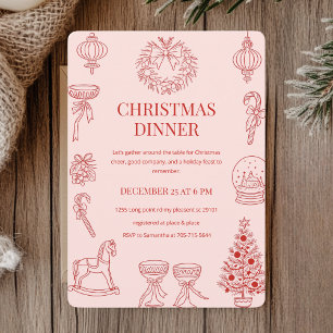 Invitation Élégant dîner de Noël rouge sur rose pâle