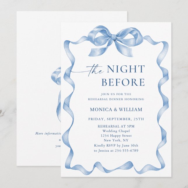 Invitation Élégant Dîner De Répétition De Bow Bleu Dusty (Devant / Derrière)