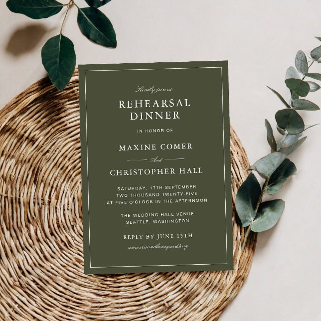 Invitation Élégant dîner de répétition de mariage vert poussi (Elegant dusty green script rehearsal dinner invitation adds graceful charm to your celebration.)
