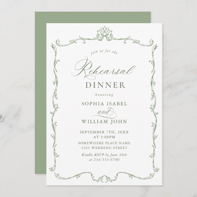 Invitation Élégant dîner de répétition de style victorien ver (Devant / Derrière)