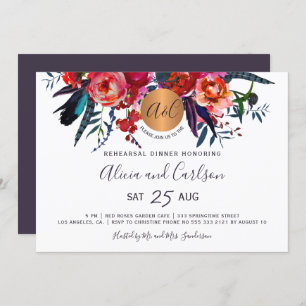 Invitation Élégant dîner de répétition floral chic monogramme
