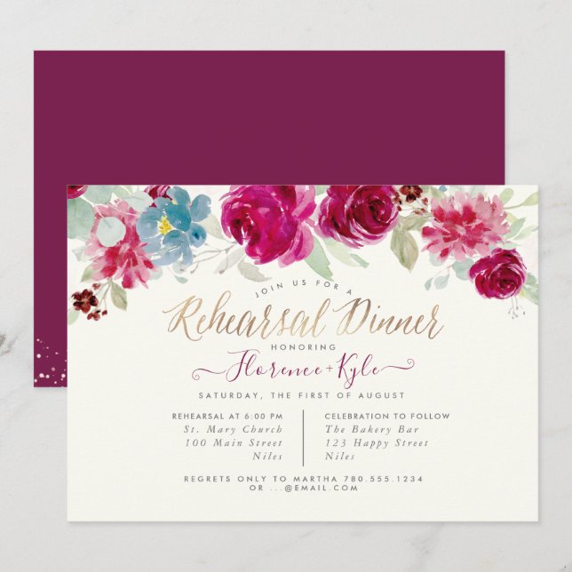 Invitation Élégant Dîner de répétition Monnaie Berries (Devant / Derrière)