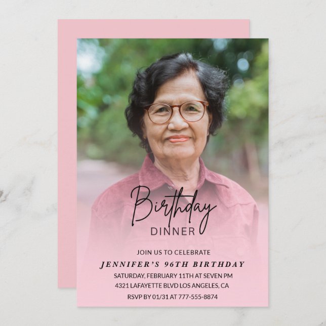 Invitation Élégant dîner d'ombre rose Photo 96e anniversaire (Devant / Derrière)