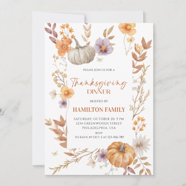 Invitation Élégant dîner Floral Citrouille Thanksgiving (Devant)