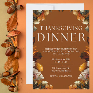 Invitation Élégant dîner Floral Thanksgiving Brown