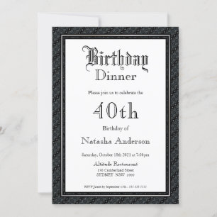 Invitation Élégant dîner noir et blanc 40e anniversaire