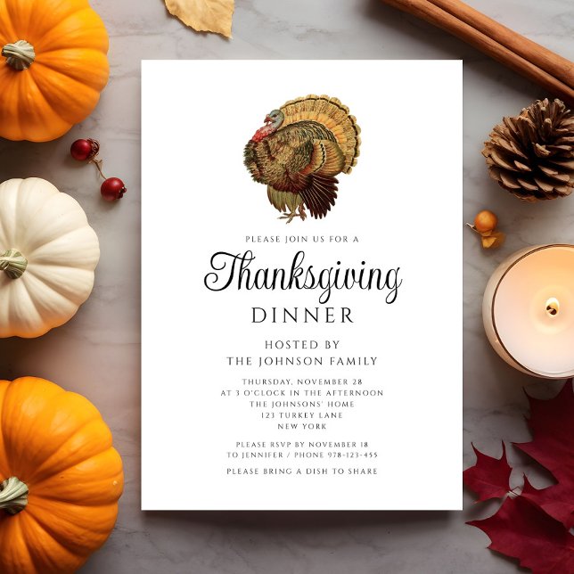 Invitation Elégant dîner Vintage Turquie Thanksgiving (Elegant Vintage Turkey Thanksgiving Dinner Invitation)