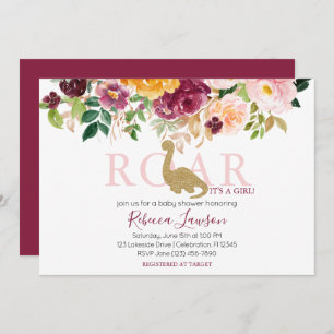 Invitation Elégant Dinosaur Rose & Maroon Baby Girl Douche