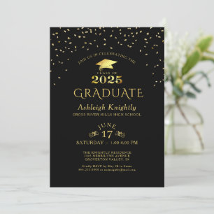 Invitation Élégant diplômé 2025 Black Gold Confetti